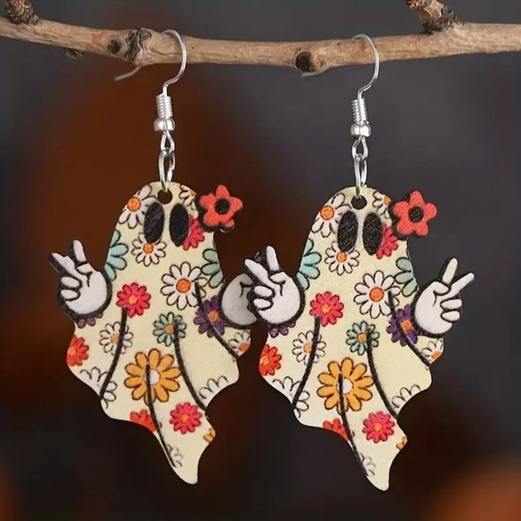 3/$15~Peace Sign Ghost Halloween Earrings - Picture 1 of 4